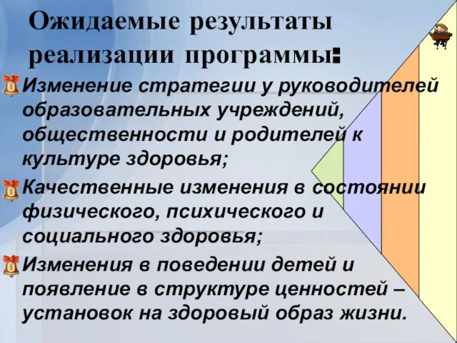 Ожидаемые результаты реализации программы: Изменение стратегии у руководителей образовательных учреждений, общественности и