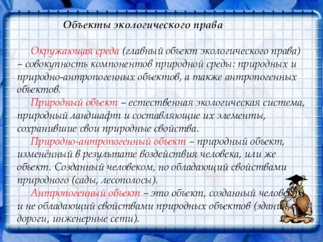 Объекты экологического права Окружающая среда (главный объект экологического права) – совокупность компонентов