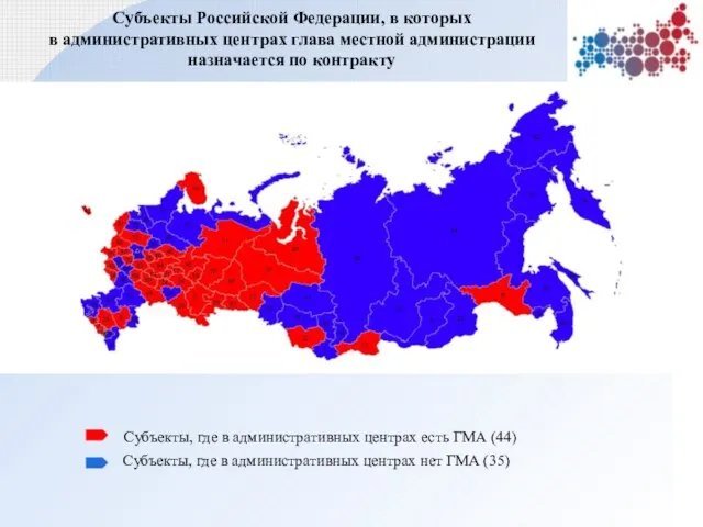 Субъекты Российской Федерации, в которых в административных центрах глава местной администрации назначается