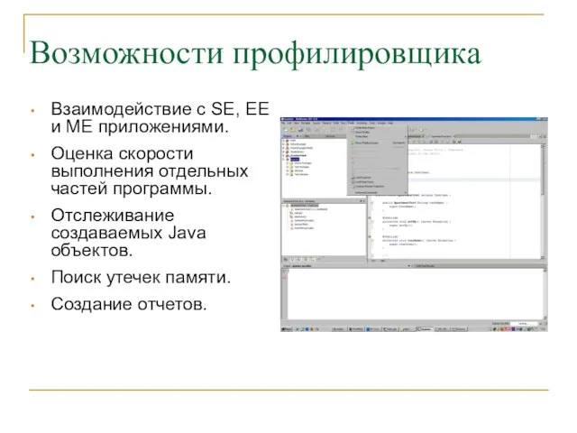 Возможности профилировщика Взаимодействие с SE, EE и ME приложениями. Оценка скорости выполнения