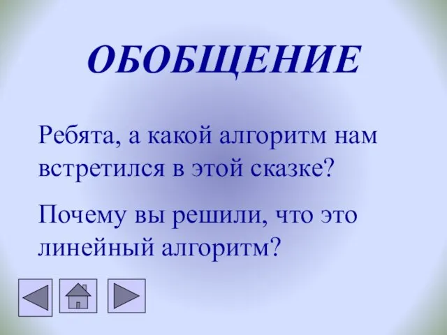 ОБОБЩЕНИЕ Ребята, а какой алгоритм нам встретился в этой сказке? Почему вы