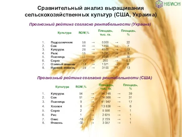 Сравнительный анализ выращивания сельскохозяйственных культур (США, Украина) Прогнозный рейтинг согласно рентабельности (Украина)