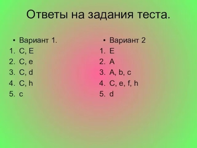 Ответы на задания теста. Вариант 1. C, E C, e C, d