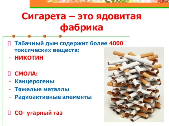 Сигарета – это ядовитая фабрика Табачный дым содержит более 4000 токсических веществ: