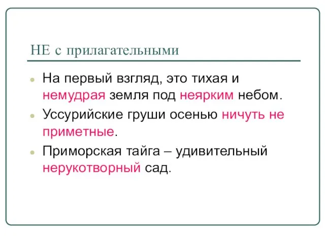 НЕ с прилагательными На первый взгляд, это тихая и немудрая земля под