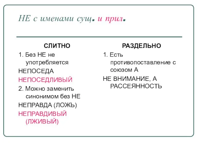 НЕ с именами сущ. и прил. СЛИТНО 1. Без НЕ не употребляется