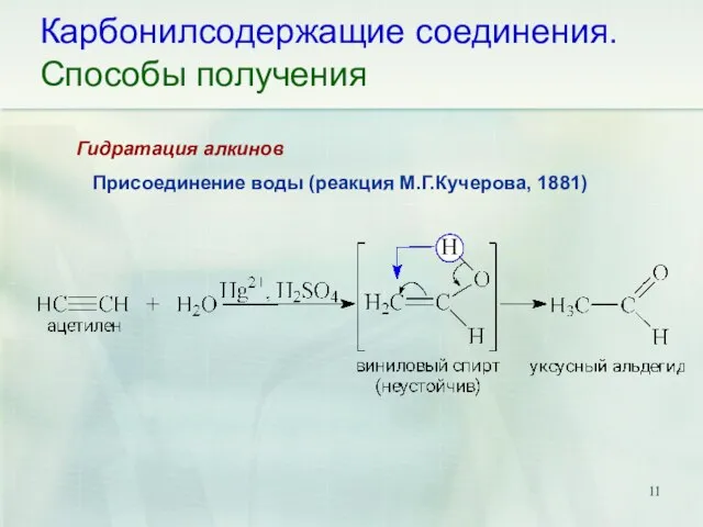 Карбонилсодержащие соединения. Способы получения Присоединение воды (реакция М.Г.Кучерова, 1881) Гидратация алкинов