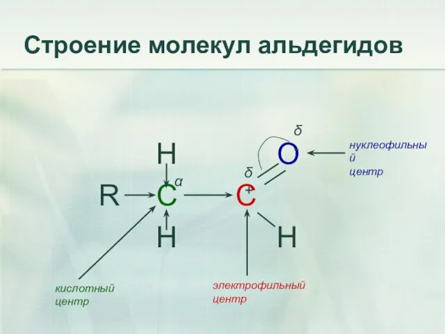 Строение молекул альдегидов H O R C C H H нуклеофильный центр кислотный центр