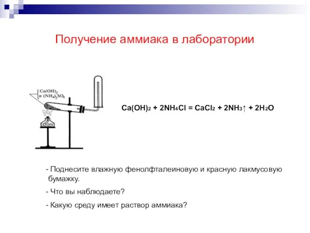 Получение аммиака в лаборатории Ca(OH)2 + 2NH4Cl = CaCl2 + 2NH3↑ +