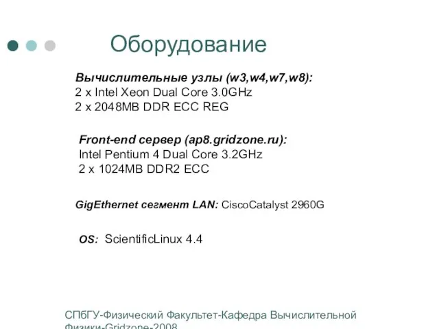 СПбГУ-Физический Факультет-Кафедра Вычислительной Физики-Gridzone-2008 Оборудование GigEthernet сегмент LAN: CiscoCatalyst 2960G Front-end сервер