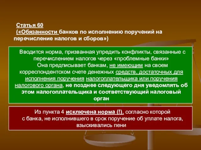 Статья 60 («Обязанности банков по исполнению поручений на перечисление налогов и сборов»)