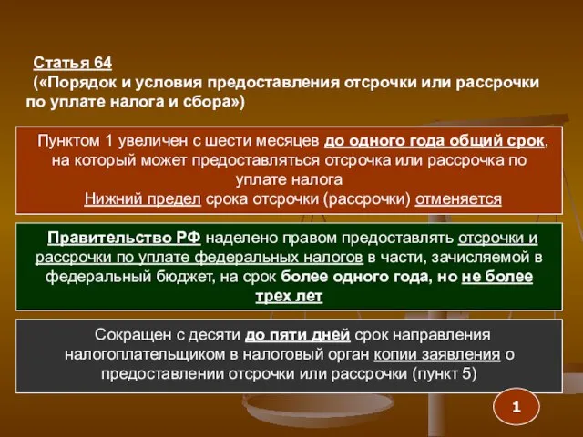 Статья 64 («Порядок и условия предоставления отсрочки или рассрочки по уплате налога