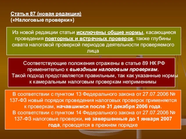 Статья 87 (новая редакция) («Налоговые проверки») Из новой редакции статьи исключены общие