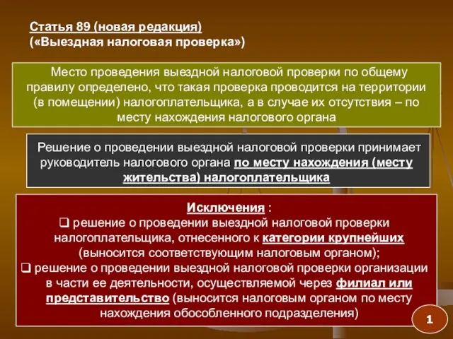 Статья 89 (новая редакция) («Выездная налоговая проверка») Место проведения выездной налоговой проверки