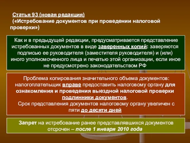 Статья 93 (новая редакция) («Истребование документов при проведении налоговой проверки») Как и