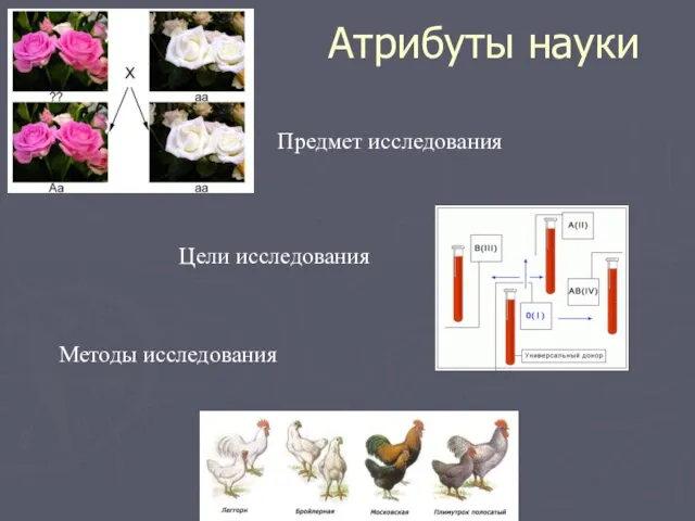 Атрибуты науки Предмет исследования Цели исследования Методы исследования