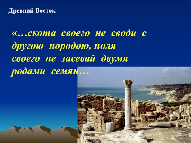 Древний Восток «…скота своего не своди с другою породою, поля своего не засевай двумя родами семян…