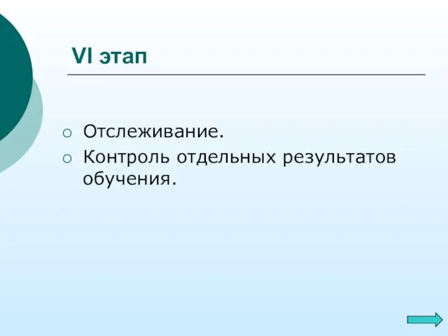 VI этап Отслеживание. Контроль отдельных результатов обучения.