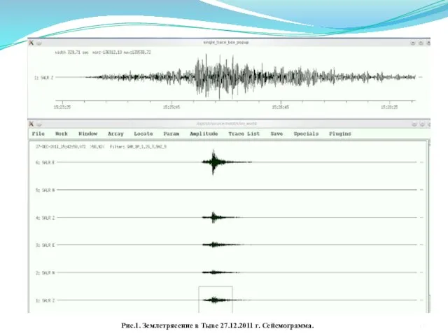 Рис.1. Землетрясение в Тыве 27.12.2011 г. Сейсмограмма.