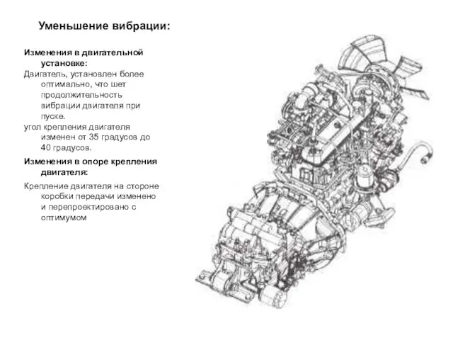 Уменьшение вибрации: Изменения в двигательной установке: Двигатель, установлен более оптимально, что шет