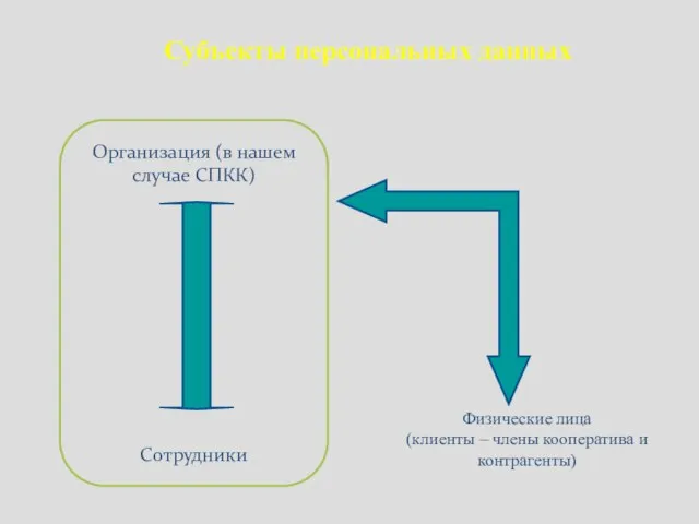 Субъекты персональных данных Организация (в нашем случае СПКК) Сотрудники Физические лица (клиенты