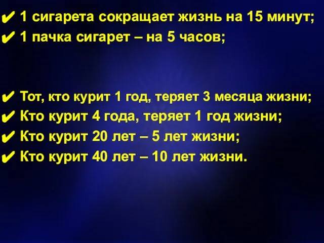 1 сигарета сокращает жизнь на 15 минут; 1 пачка сигарет – на