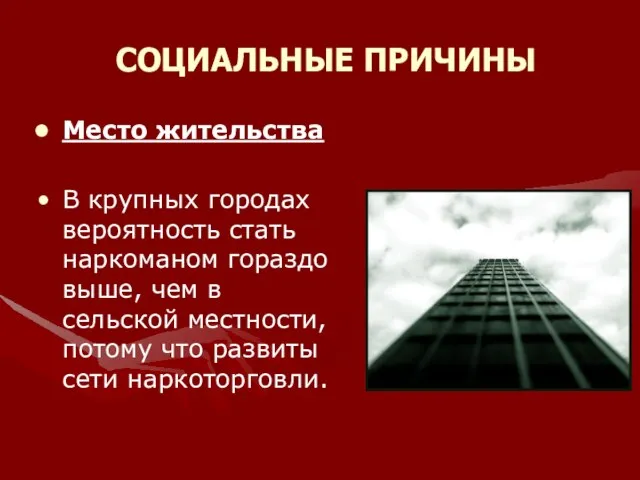 СОЦИАЛЬНЫЕ ПРИЧИНЫ Место жительства В крупных городах вероятность стать наркоманом гораздо выше,