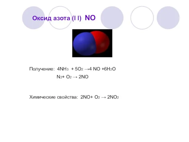Оксид азота (I I) NO Получение: 4NH3 + 5O2 →4 NO +6H2O
