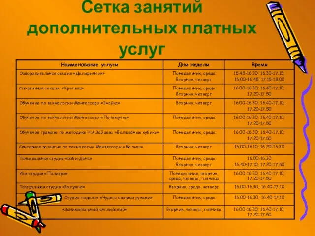 Сетка занятий дополнительных платных услуг