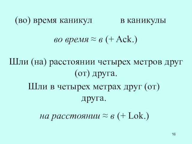 (во) время каникул в каникулы Шли (на) расстоянии четырех метров друг (от)