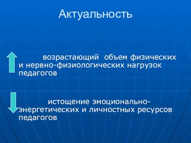 Актуальность возрастающий объем физических и нервно-физиологических нагрузок педагогов истощение эмоционально-энергетических и личностных ресурсов педагогов