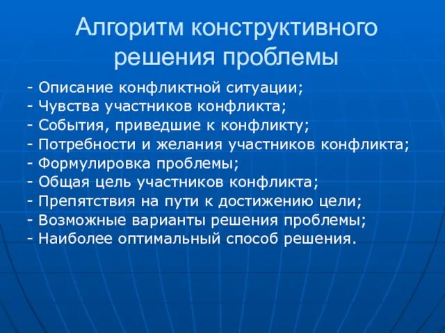 Алгоритм конструктивного решения проблемы - Описание конфликтной ситуации; - Чувства участников конфликта;