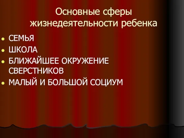 Основные сферы жизнедеятельности ребенка СЕМЬЯ ШКОЛА БЛИЖАЙШЕЕ ОКРУЖЕНИЕ СВЕРСТНИКОВ МАЛЫЙ И БОЛЬШОЙ СОЦИУМ