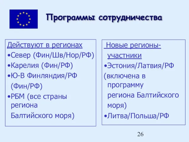 Программы сотрудничества Действуют в регионах Север (Фин/Шв/Нор/РФ) Карелия (Фин/РФ) Ю-В Финляндия/РФ (Фин/РФ)