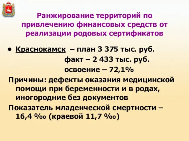 Ранжирование территорий по привлечению финансовых средств от реализации родовых сертификатов Краснокамск –