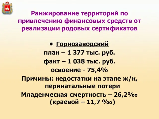Горнозаводский план – 1 377 тыс. руб. факт – 1 038 тыс.