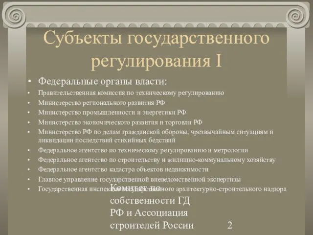 Комитет по собственности ГД РФ и Ассоциация строителей России Субъекты государственного регулирования