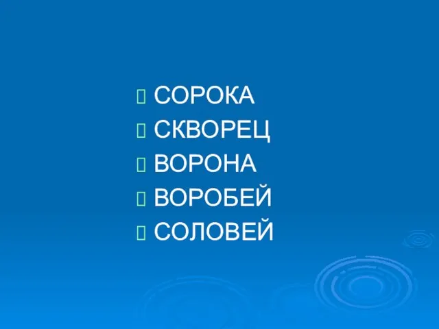 СОРОКА СКВОРЕЦ ВОРОНА ВОРОБЕЙ СОЛОВЕЙ