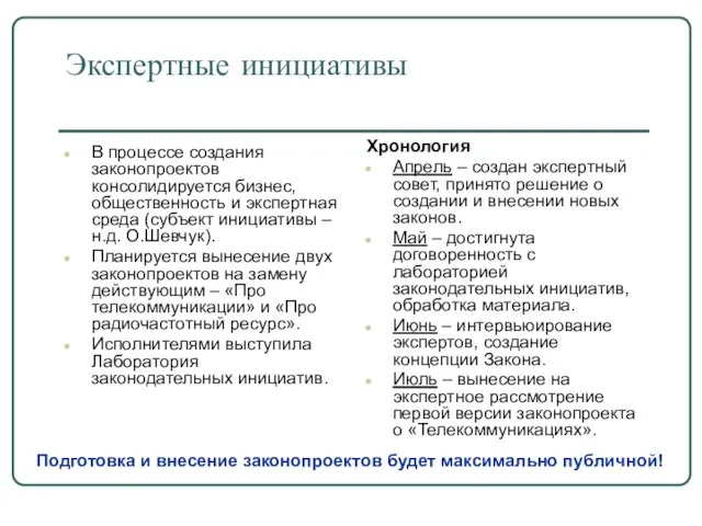 Экспертные инициативы В процессе создания законопроектов консолидируется бизнес, общественность и экспертная среда