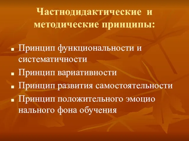 Частнодидактические и методические принципы: Принцип функциональности и систематичности Принцип вариативности Принцип развития