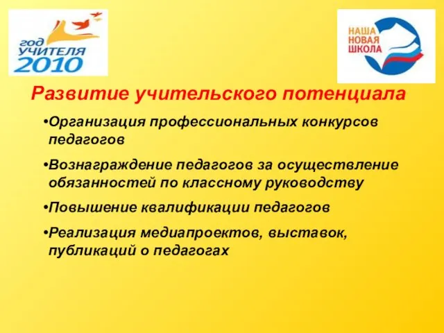 Развитие учительского потенциала Организация профессиональных конкурсов педагогов Вознаграждение педагогов за осуществление обязанностей