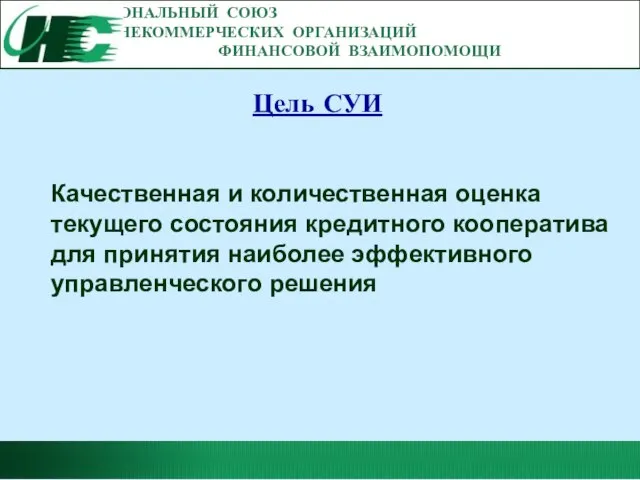 НАЦИОНАЛЬНЫЙ СОЮЗ НЕКОММЕРЧЕСКИХ ОРГАНИЗАЦИЙ ФИНАНСОВОЙ ВЗАИМОПОМОЩИ Цель СУИ Качественная и количественная оценка