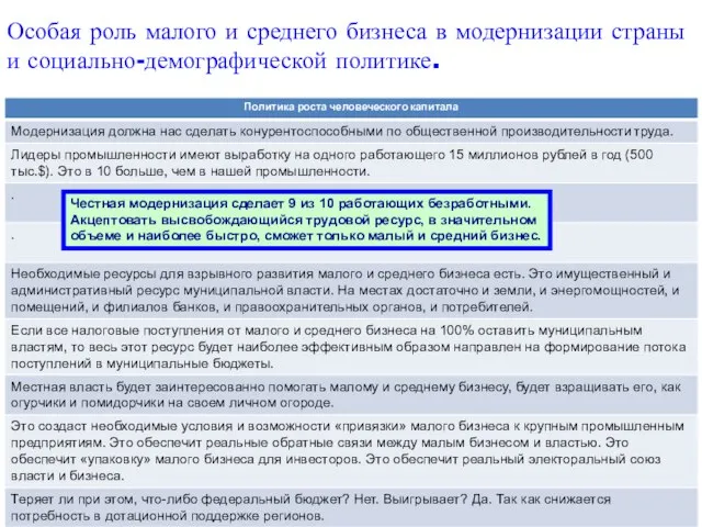 Особая роль малого и среднего бизнеса в модернизации страны и социально-демографической политике.