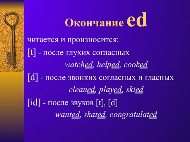 Окончание ed читается и произносится: [t] - после глухих согласных watched, helped,