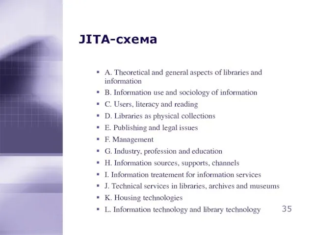 JITA-схема A. Theoretical and general aspects of libraries and information B. Information