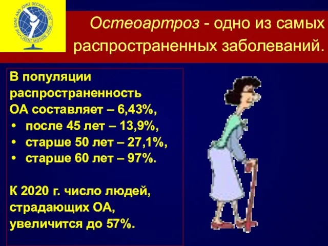 Остеоартроз - одно из самых распространенных заболеваний. В популяции распространенность ОА составляет