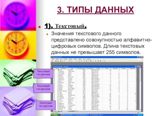 3. ТИПЫ ДАННЫХ 1). Текстовый. Значения текстового данного представлено совокупностью алфавитно-цифровых символов.