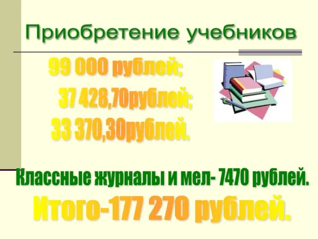 Приобретение учебников 99 000 рублей; 37 428,70рублей; 33 370,30рублей. Классные журналы и