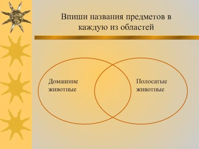 Впиши названия предметов в каждую из областей Домашние животные Полосатые животные