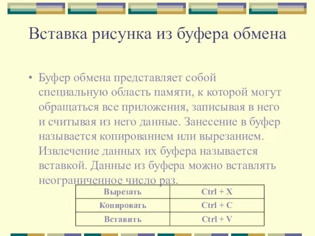 Вставка рисунка из буфера обмена Буфер обмена представляет собой специальную область памяти,